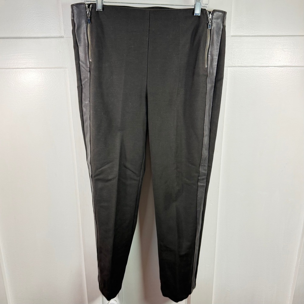 Worth New York Black Leather Trim Ponte Knit Pants Slim Leg Moto Zipper Size 12
